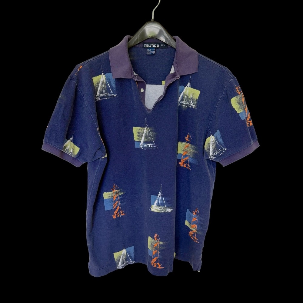 Nautica Vintage‎ Navy Blue Sailboat Lighthouse Print Polo Shirt M Hole